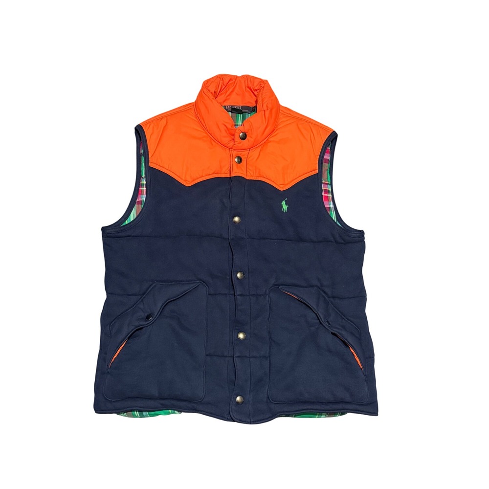 Polo Ralph Lauren Mens Puffer Vest Navy Orange Western Yoke Plaid Lined Large